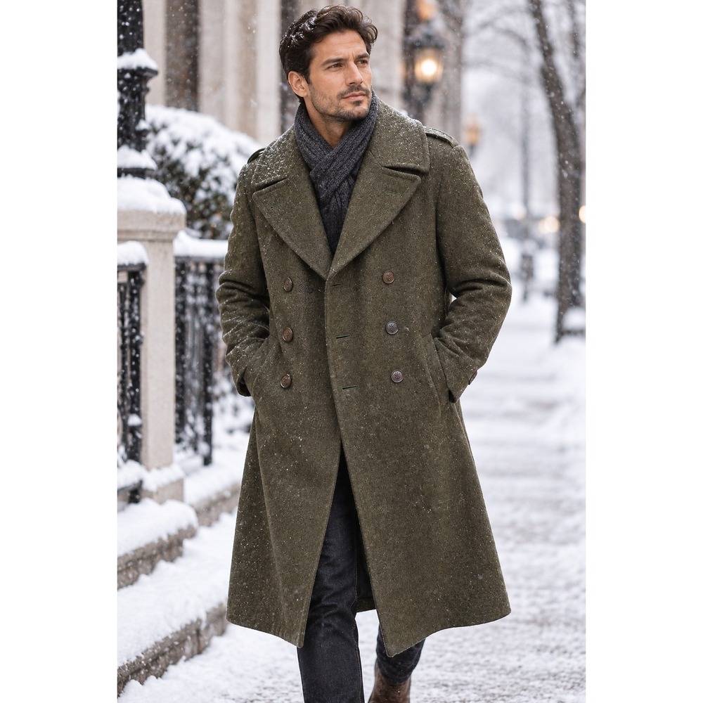 Vtg Wool Coat Roll Collar 38S Olive Green Double Breasted Overcoat Military WW2